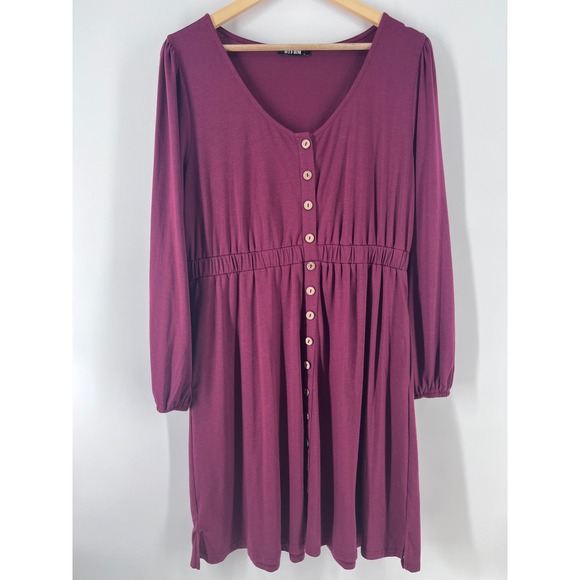 BTFBM Dresses & Skirts - Womens Burgundy Long Sleeve Button Down Elastic Waist Mini Dress L Romantic Chic